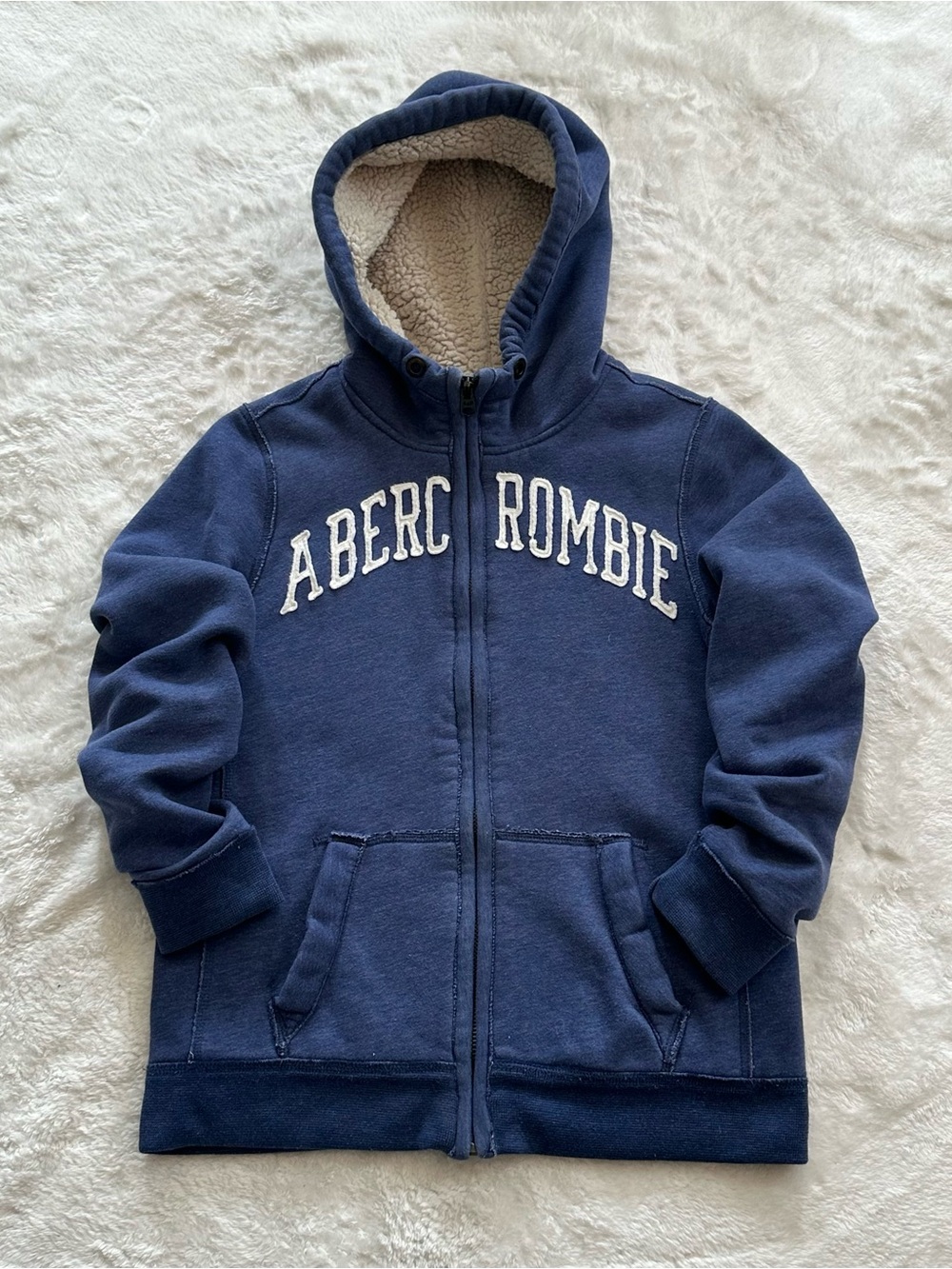 Vintage Abercrombie & Fitch Blue Sherpa Fleece Lined Full Zip Hoodie XS Fits S/M